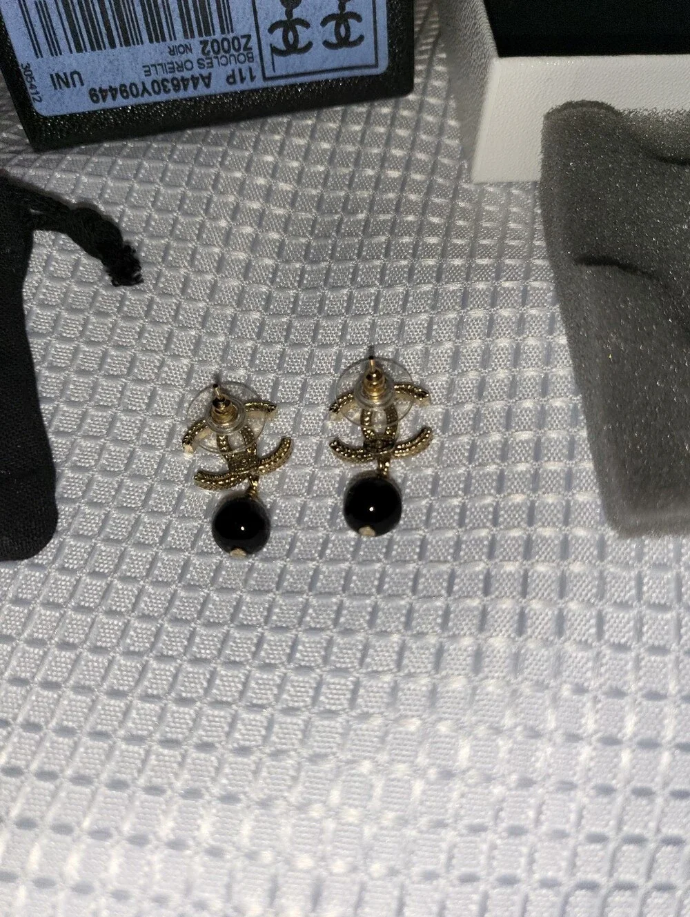 CHANEL Gold-Tone CC Drop Earrings with Black Beads